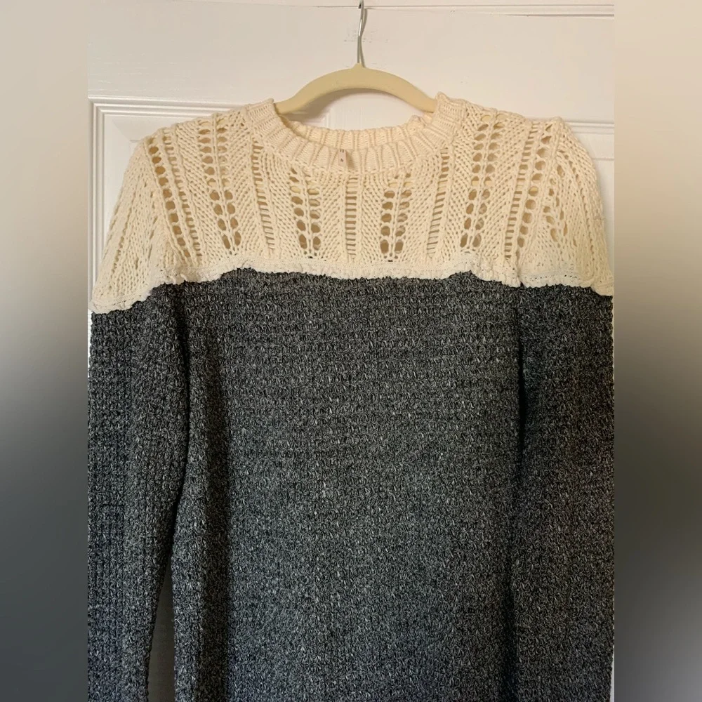 Free People Colorblock Crew Neck Sweater Gray‎ & Cream Boho Cottagecore Academia